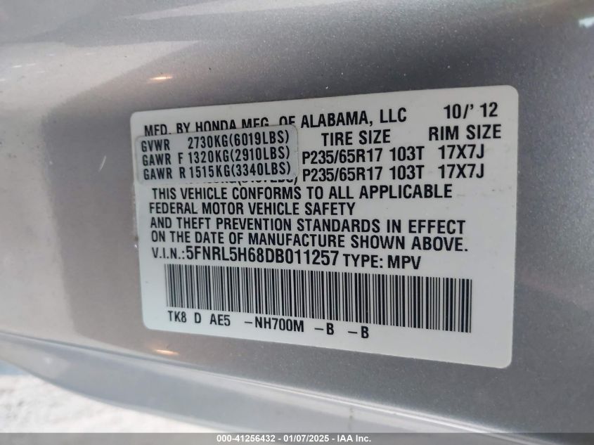 VIN 5FNRL5H68DB011257 2013 Honda Odyssey, Ex-L no.9