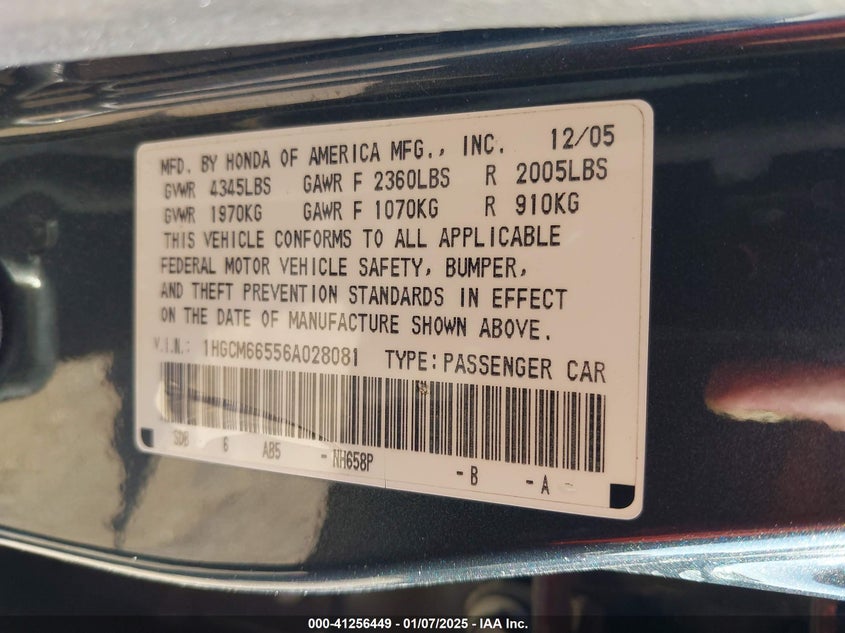 2006 HONDA ACCORD VIN: 1HGCM66556A028081