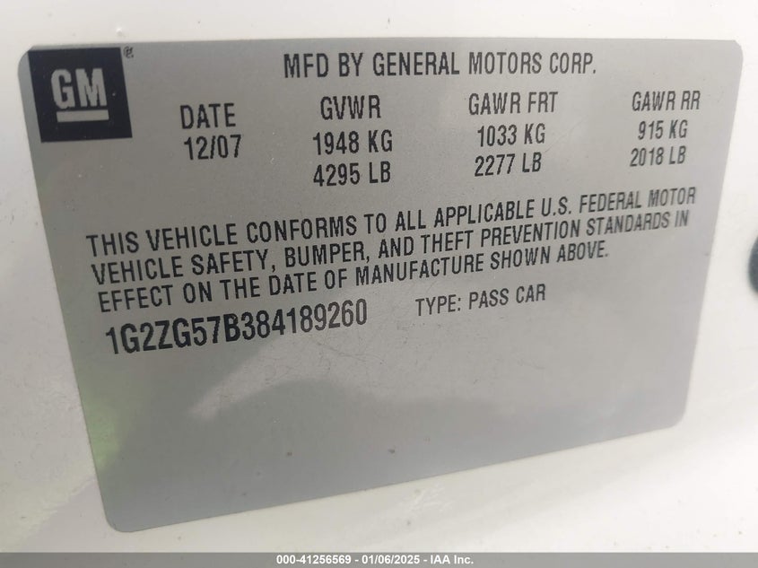 2008 PONTIAC G6 VIN: 1G2ZG57B384189260