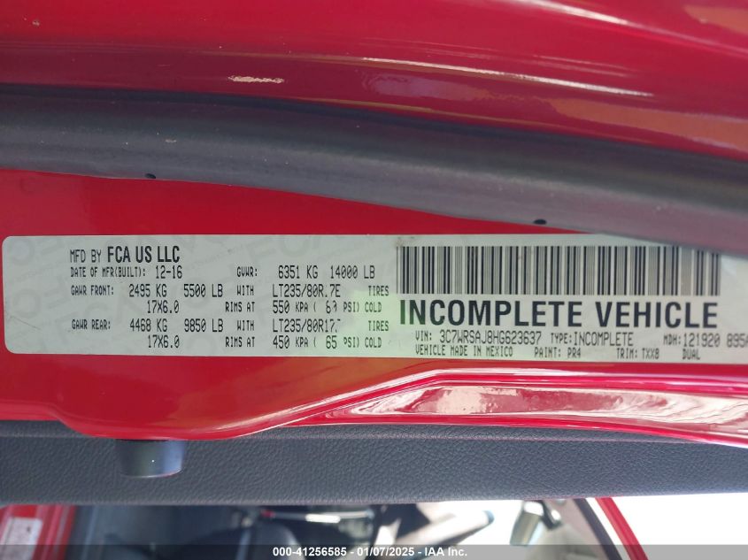 2017 Ram 3500 Chassis Tradesman/Slt VIN: 3C7WRSAJ8HG623637 Lot: 41256585