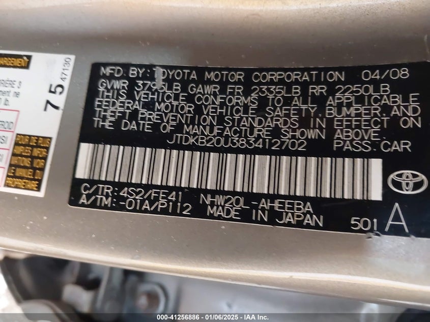 2008 TOYOTA PRIUS VIN: JTDKB20U383412702