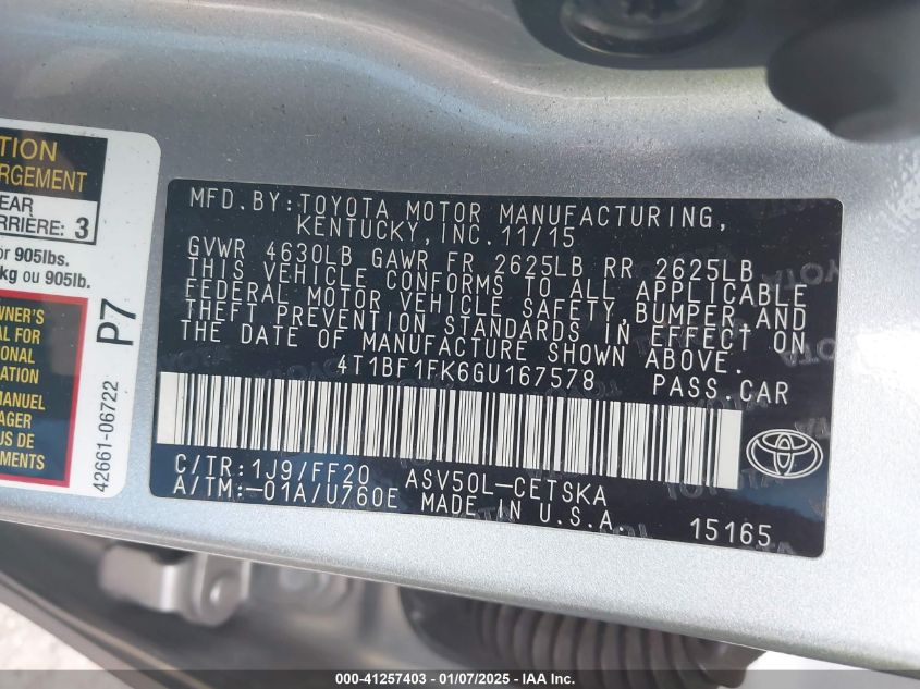 VIN 4T1BF1FK6GU167578 2016 Toyota Camry, SE no.9