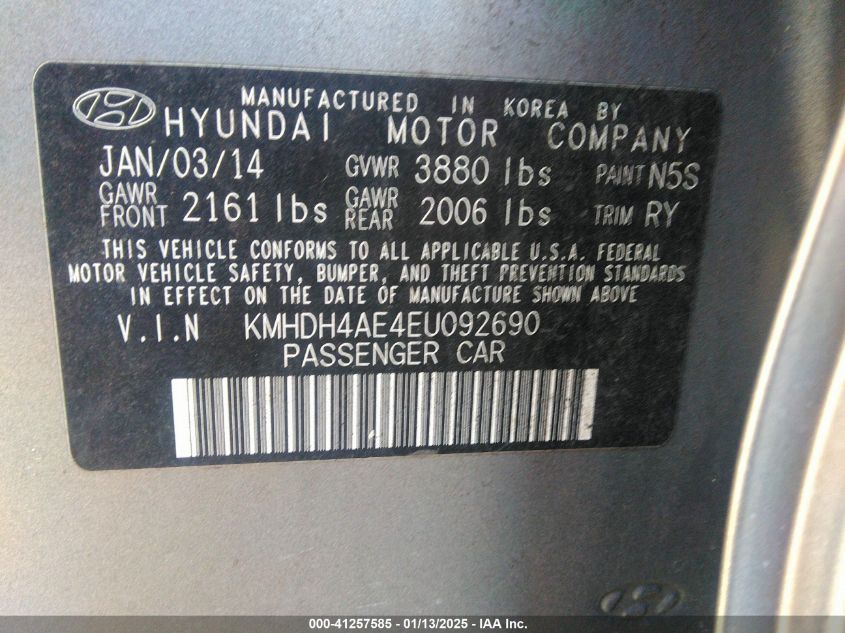 VIN KMHDH4AE4EU092690 2014 Hyundai Elantra, Limited no.9