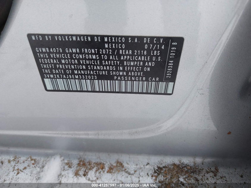 2014 VOLKSWAGEN JETTA VIN: 3VW2K7AJ9EM332023