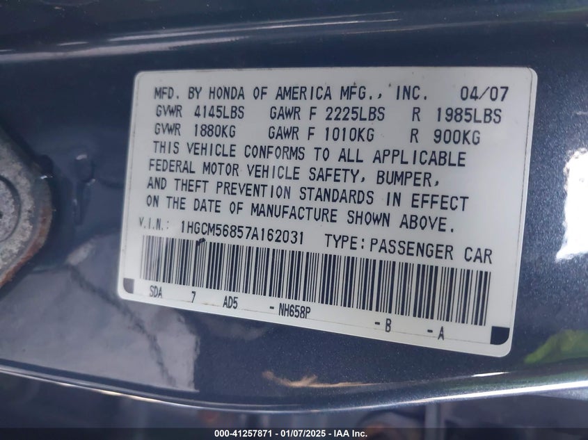 2007 HONDA ACCORD VIN: 1HGCM56857A162031