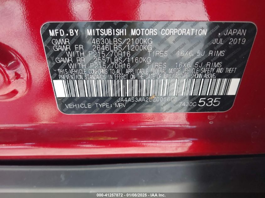 2020 Mitsubishi Eclipse Cross Es 1.5T VIN: JA4AS3AA2LZ005668 Lot: 41257872