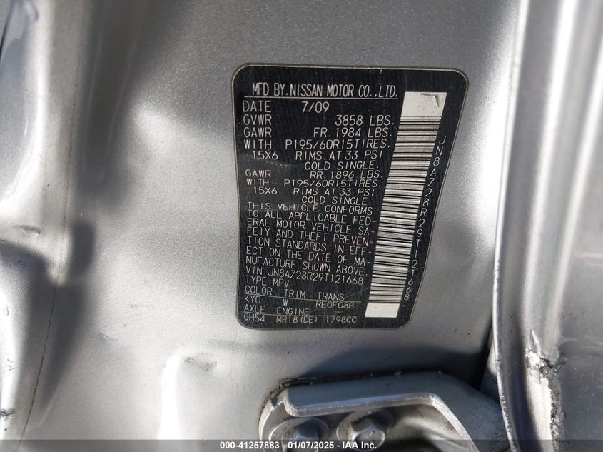 2009 NISSAN CUBE VIN: JN8AZ28R29T121668