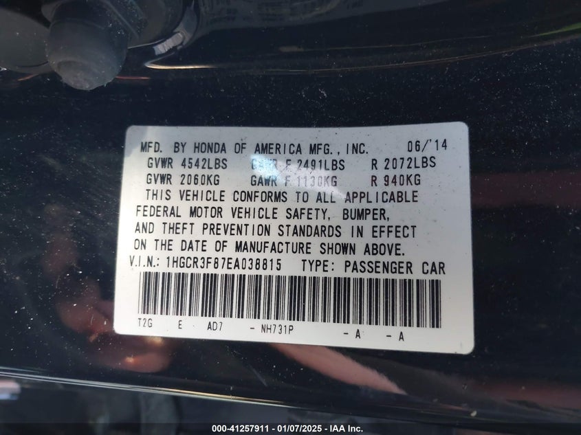 2014 HONDA ACCORD VIN: 1HGCR3F87EA038815