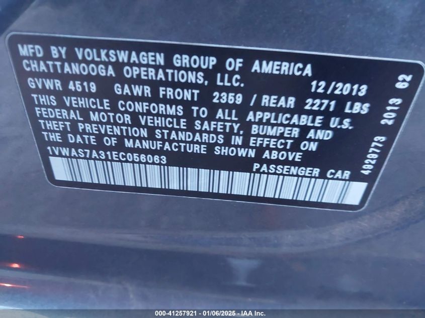 VIN 1VWAS7A31EC056063 2014 Volkswagen Passat, S no.9