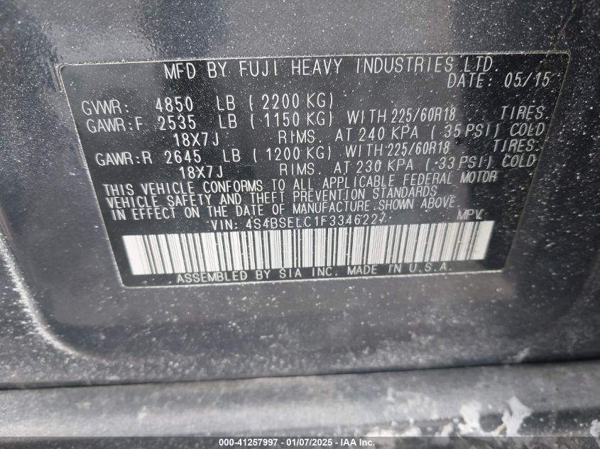 VIN 4S4BSELC1F3346227 2015 Subaru Outback, 3.6R Lim... no.9