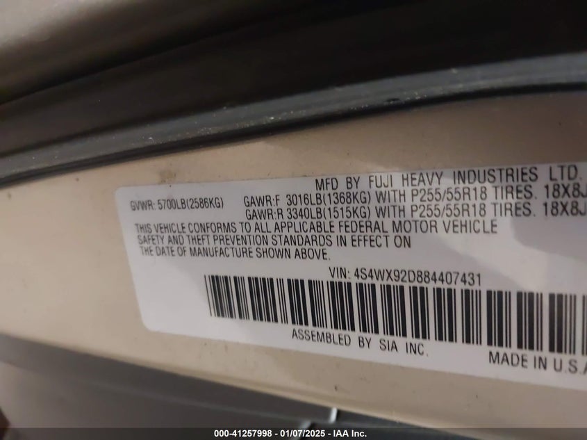 2008 SUBARU TRIBECA VIN: 4S4WX92D884407431
