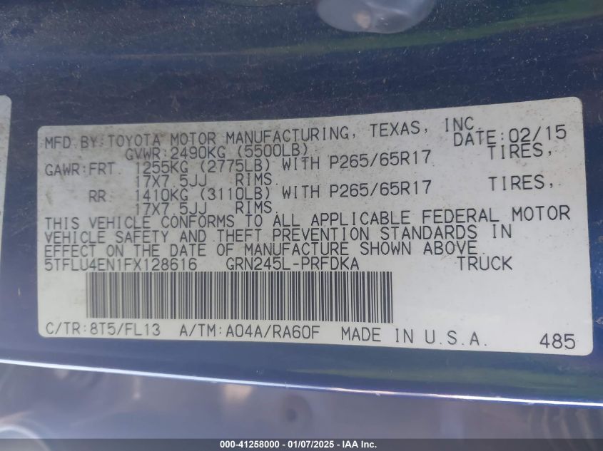 VIN 5TFLU4EN1FX128616 2015 Toyota Tacoma, Double Ca... no.9