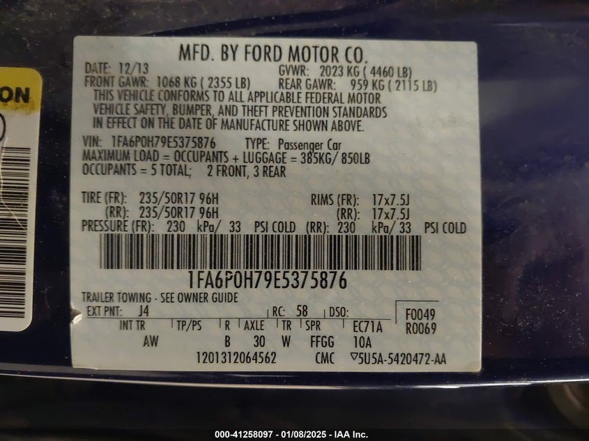 2014 FORD FUSION VIN: 1FA6P0H79E5375876