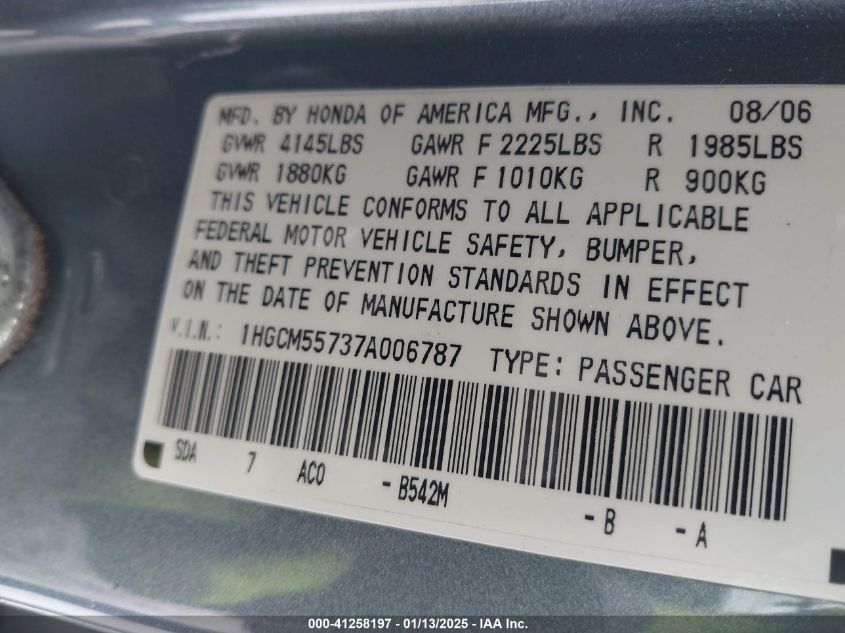 2007 Honda Accord 2.4 Ex VIN: 1HGCM55737A006787 Lot: 41258197