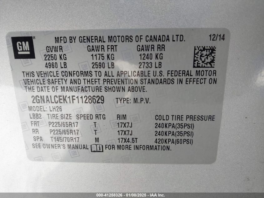 VIN 2GNALCEK1F1128629 2015 Chevrolet Equinox, 2LT no.9