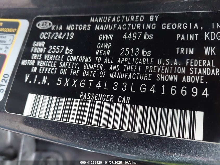 2020 KIA OPTIMA VIN: 5XXGT4L33LG416694