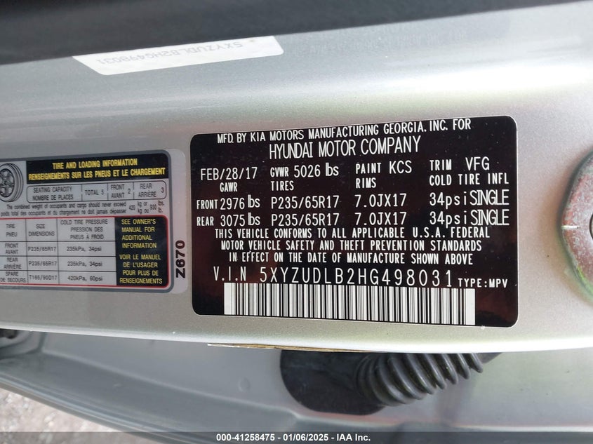 2017 HYUNDAI SANTA FE SPORT 2.4L - 5XYZUDLB2HG498031