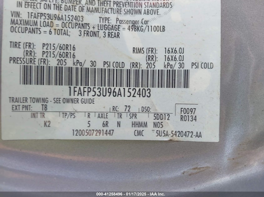 2006 FORD TAURUS VIN: 1FAFP53U96A152403