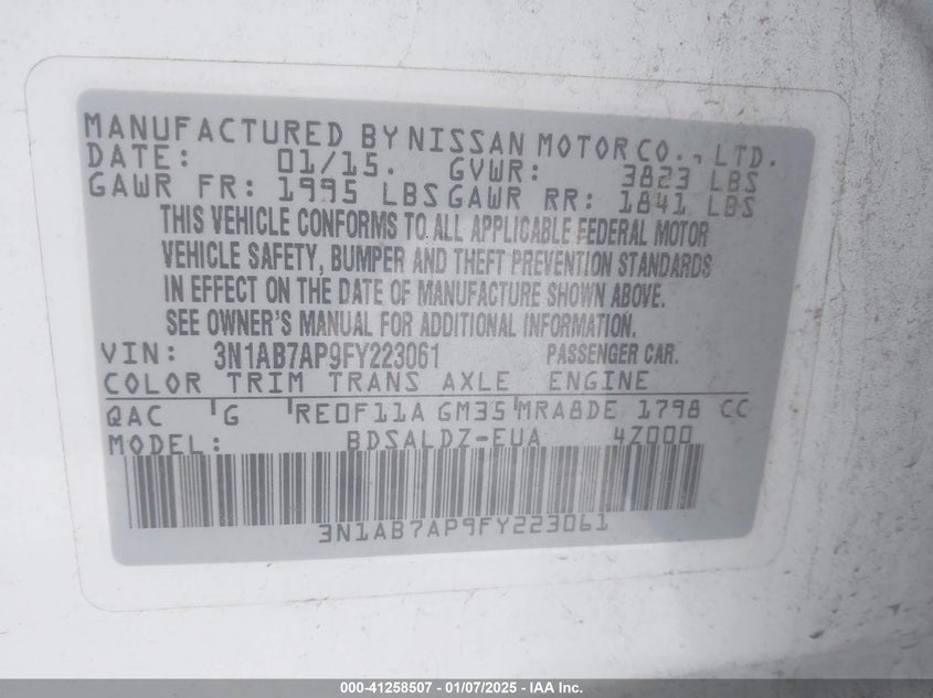 2015 NISSAN SENTRA VIN: 3N1AB7AP9FY223061