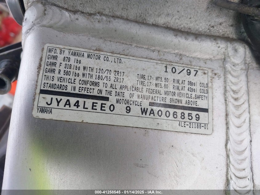 1998 Yamaha Yzf750 R VIN: JYA4LEE09WA006859 Lot: 41258545