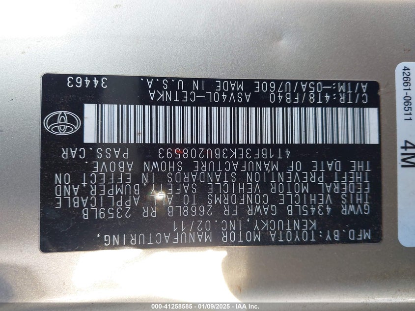 2011 TOYOTA CAMRY VIN: 4T1BF3EK3BU208593