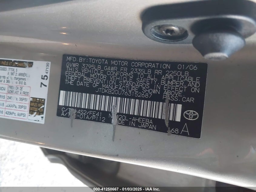 2006 TOYOTA PRIUS VIN: JTDKB20U763152687