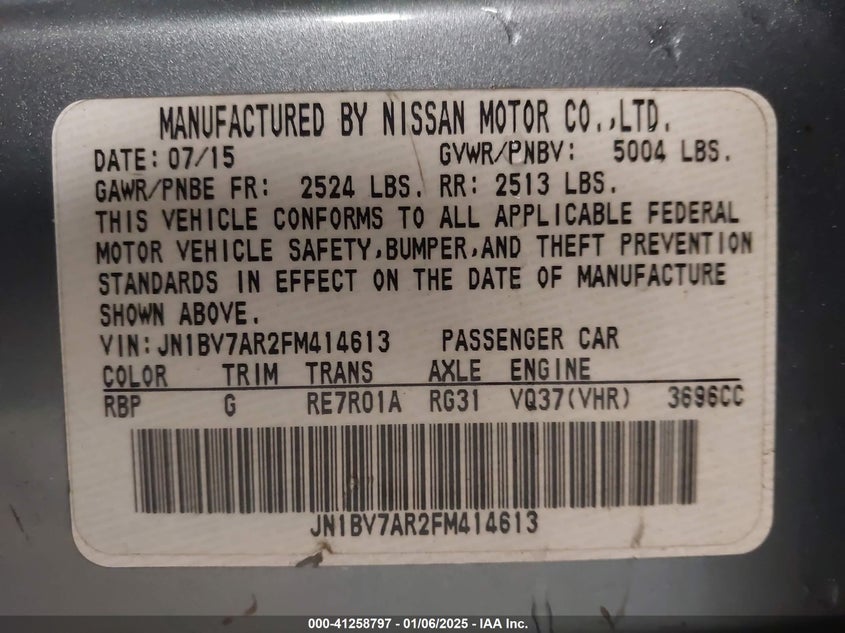 2015 INFINITI Q50 VIN: JN1BV7AR2FM414613