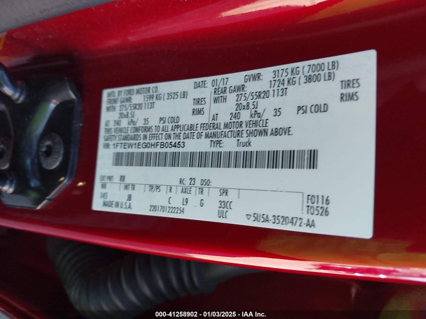 2017 FORD F-150 VIN: 1FTEW1EG0HFB05453