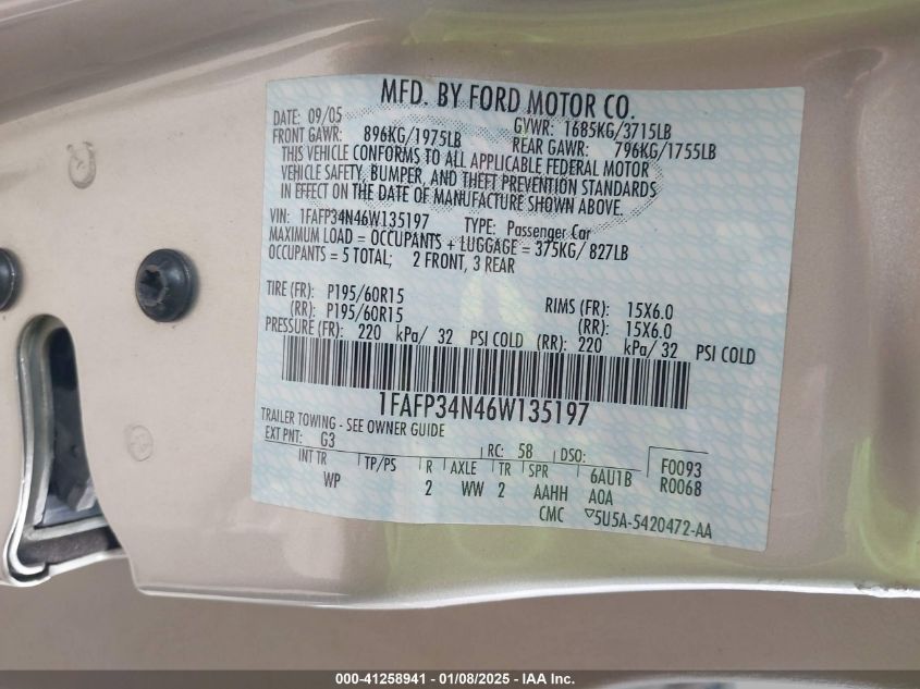 2006 Ford Focus VIN: 1FAF34N46W135197 Lot: 41258941