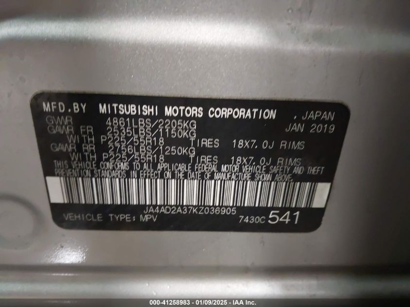 VIN JA4AD2A37KZ036905 2019 Mitsubishi Outlander, ES no.9