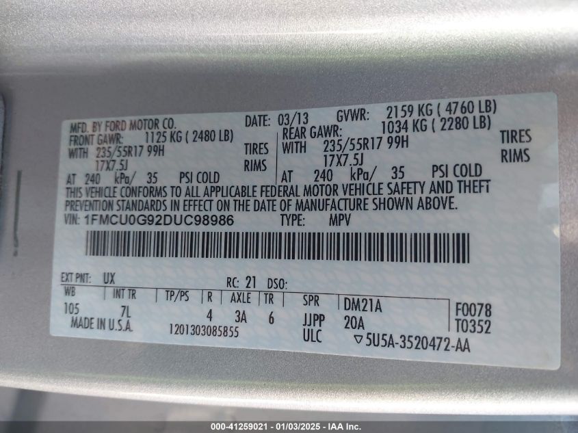 VIN 1FMCU0G92DUC98986 2013 FORD ESCAPE no.9