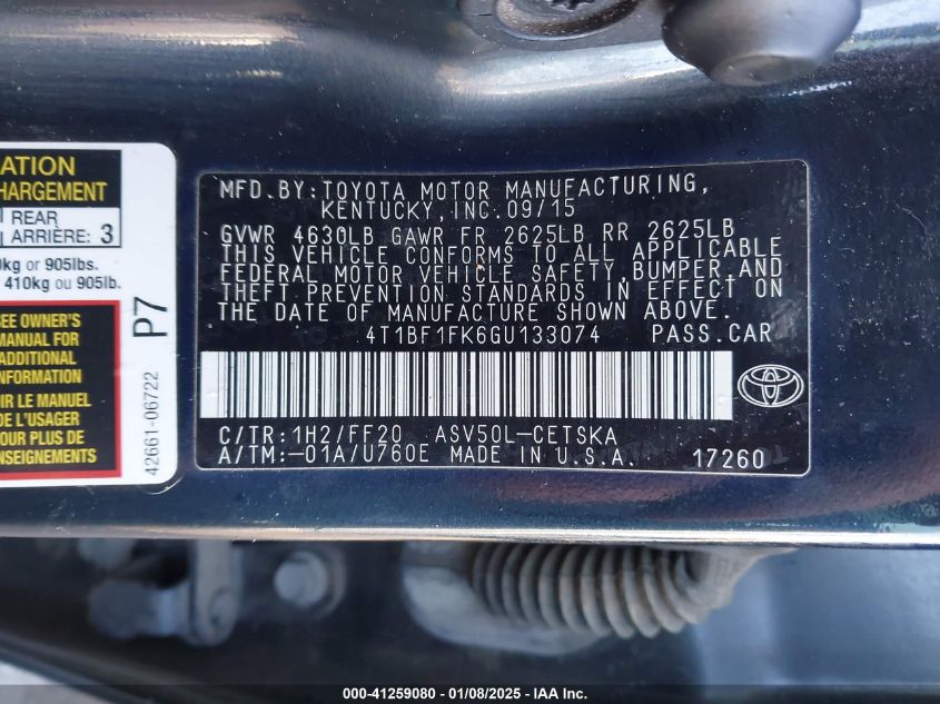 VIN 4T1BF1FK6GU133074 2016 Toyota Camry, SE no.9