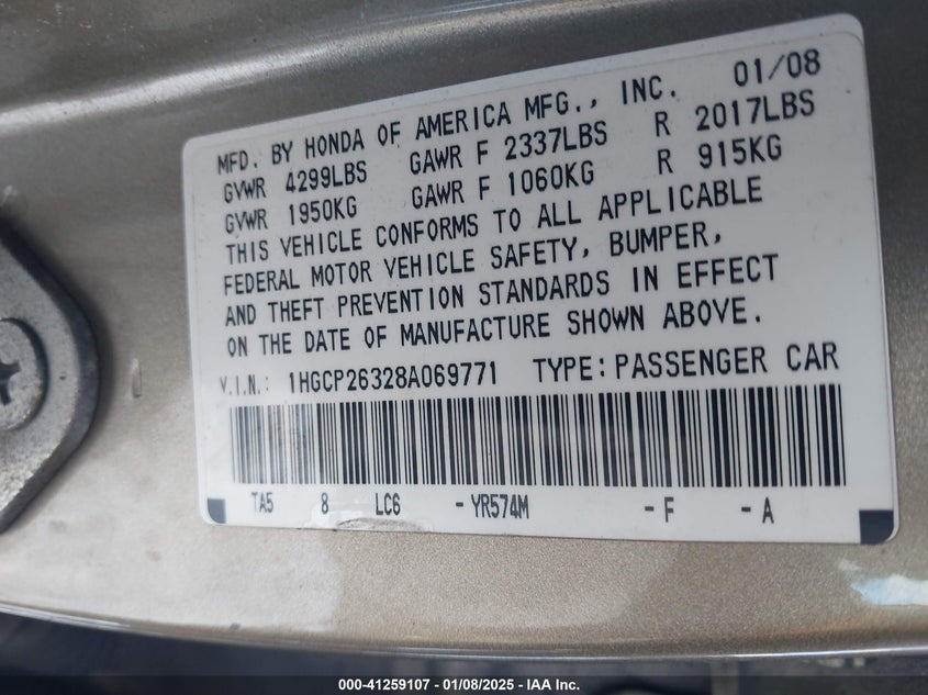 2008 HONDA ACCORD VIN: 1HGCP26328A069771