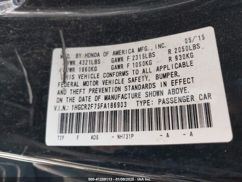 VIN 1HGCR2F75FA186903 2015 Honda Accord, EX no.9