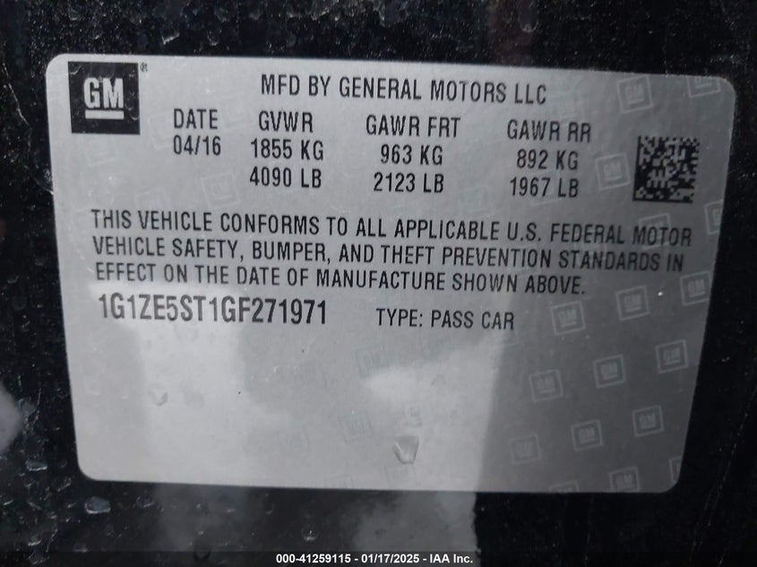 2016 CHEVROLET MALIBU VIN: 1G1ZE5ST1GF271971