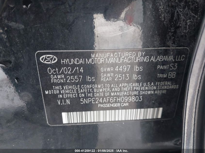 VIN 5NPE24AF6FH099803 2015 Hyundai Sonata, SE no.9