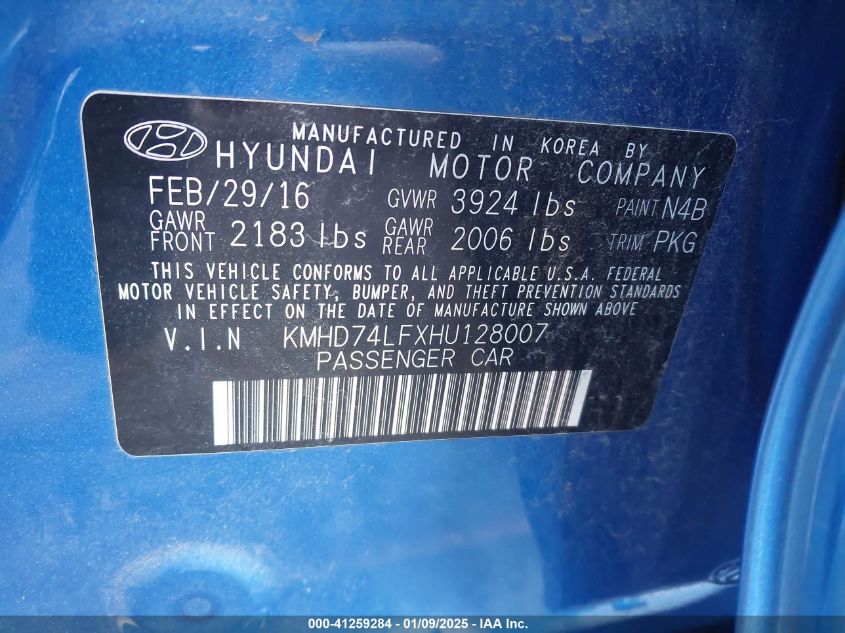 VIN KMHD74LFXHU128007 2017 Hyundai Elantra, SE no.9