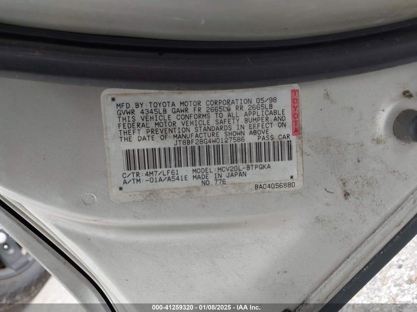 1998 Lexus Es 300 VIN: JT8BF28G4W0127586 Lot: 41259320