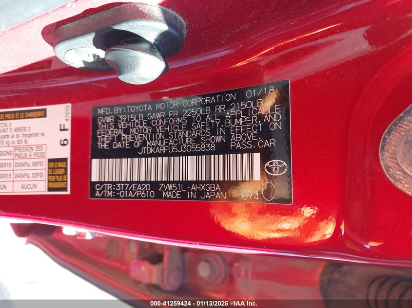 2018 TOYOTA PRIUS VIN: JTDKARFU5J3055838