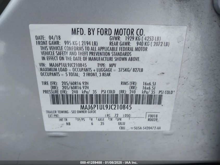 VIN MAJ6P1UL9JC210845 2018 Ford Ecosport, SE no.9