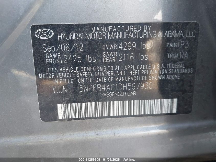 VIN 5NPEB4AC1DH597930 2013 Hyundai Sonata, Gls no.9