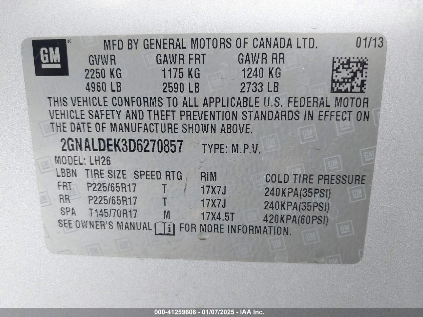 VIN 2GNALDEK3D6270857 2013 Chevrolet Equinox, 1LT no.9