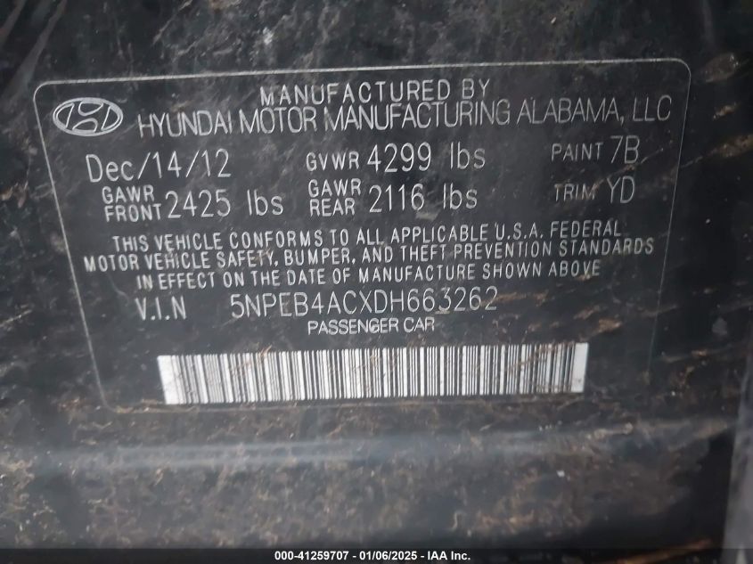 VIN 5NPEB4ACXDH663262 2013 Hyundai Sonata, Gls no.9