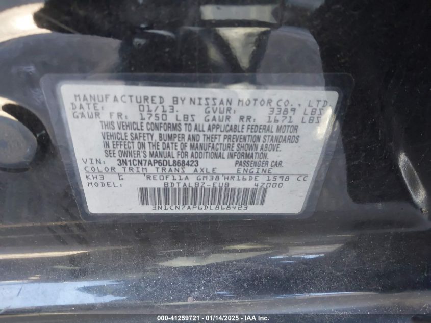 VIN 3N1CN7AP6DL868423 2013 NISSAN VERSA no.9