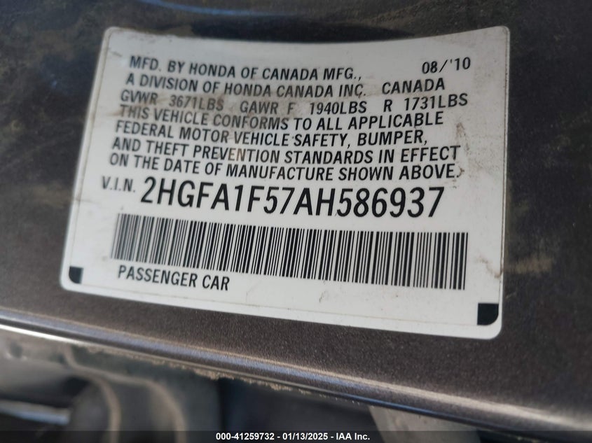 2010 HONDA CIVIC VIN: 2HGFA1F57AH586937