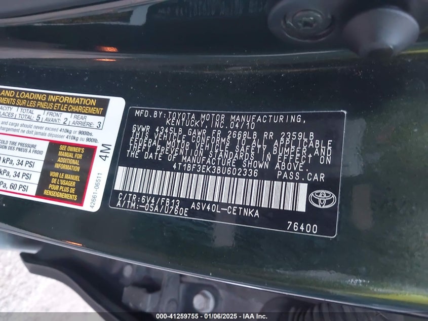 2011 TOYOTA CAMRY VIN: 4T1BF3EK3BU602336