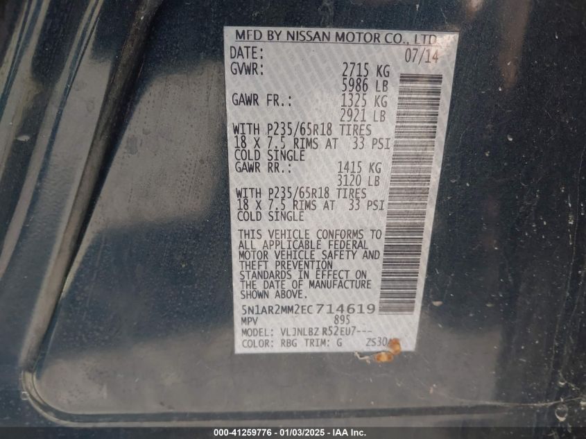 VIN 5N1AR2MM2EC714619 2014 NISSAN PATHFINDER no.9