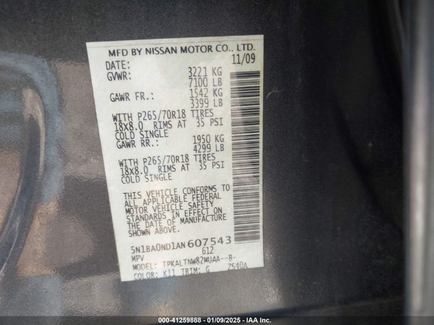 2010 Nissan Armada Se VIN: 5N1BA0ND1AN607543 Lot: 41259888