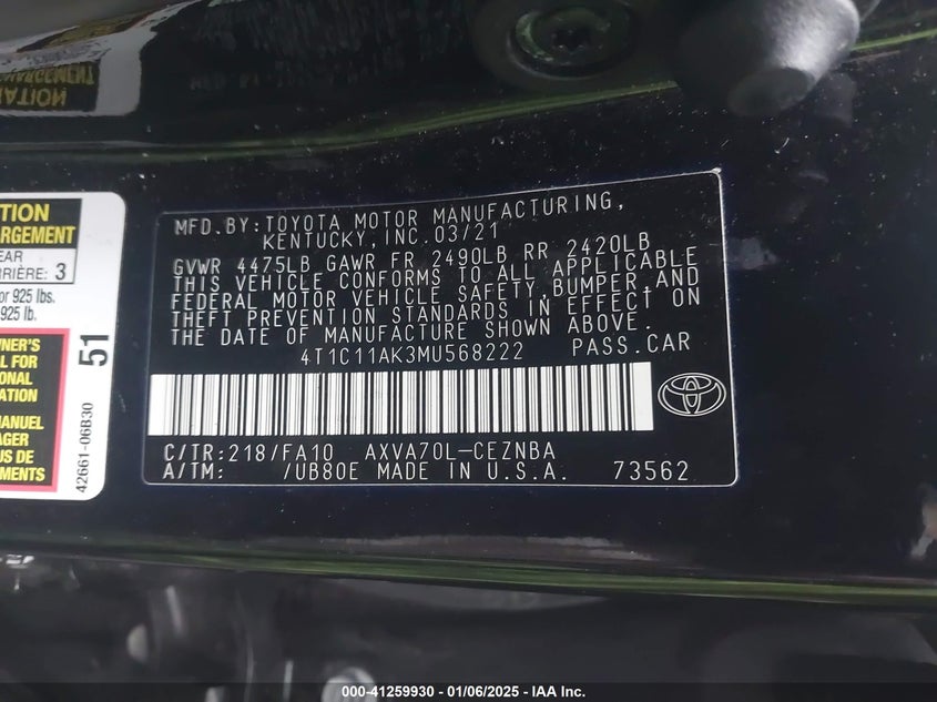 2021 TOYOTA CAMRY VIN: 4T1C11AK3MU568222