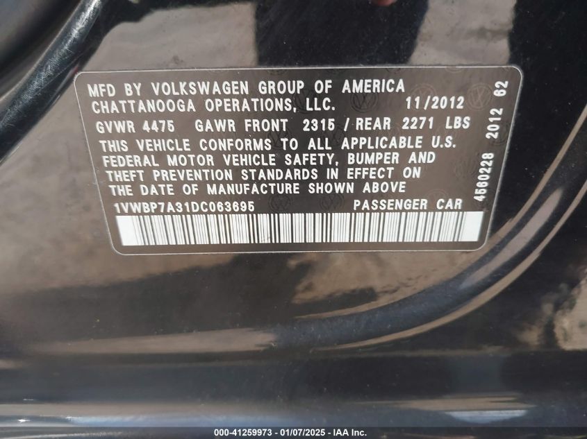 VIN 1VWBP7A31DC063695 2013 VOLKSWAGEN PASSAT no.9